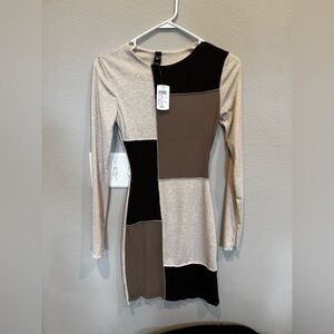 Windsor Beige, Brown & Black Long Sleeve Colorblock Dress